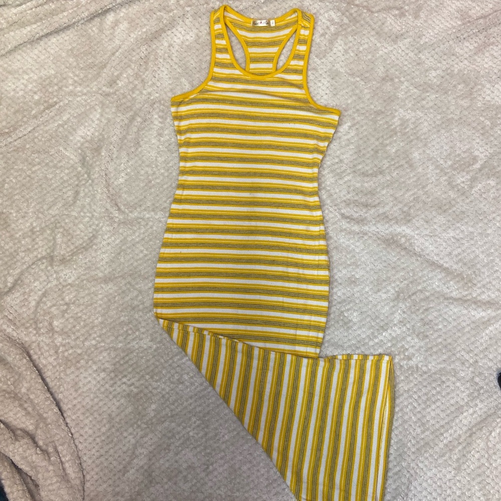 Size: Small Yellow, Grey, and White striped Sun Dress